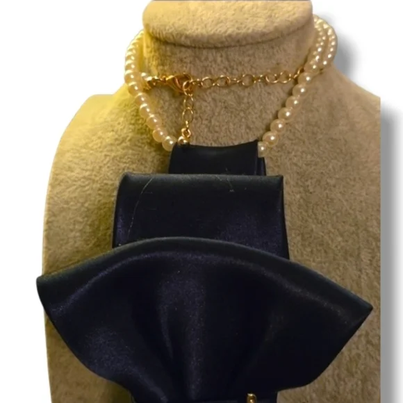 Decorative Satin Navy Statement Folded Cravat Necklace Gold Starburst Accents - Picture 5 of 5